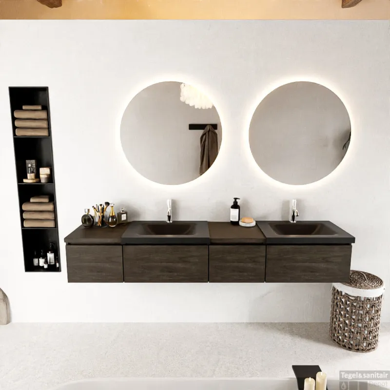 Gereduceerde Prijs MONDIAZ BUKLA 200cm badmeubel met module 40 rechts kleur Dark Brown met 4 lades. Wastafel CLOUD dubbel 2 kraangaten kleur Urban.