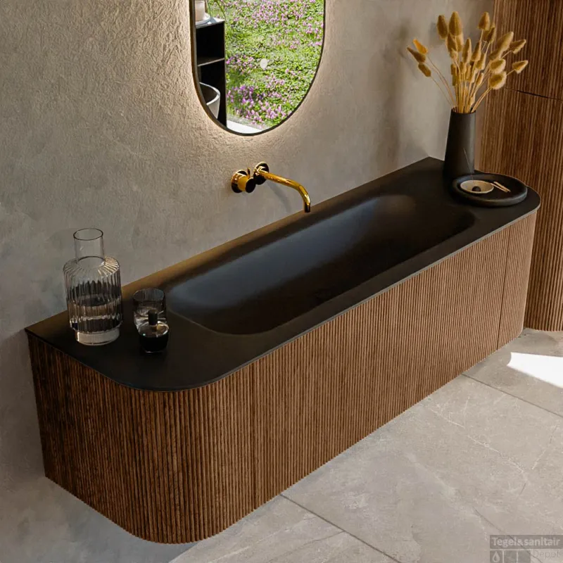 Seizoensaanbieding Mondiaz KURVE 150 cm Onderkast Greeploos 1 Lade Met Deuren Walnut, Wastafel Solid Surface Midden Urban 0 Kraangaten Zonder Spiegel (KRVBGM150L+R1L2D0KM-Wal/Urb)