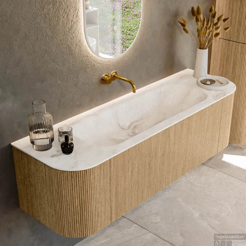 Alleen Vandaag Mondiaz KURVE-DLUX 150 cm Onderkast Greeploos 1 Lade Met Deuren Oak, Wastafel Solid Surface Midden Frappe 0 Kraangaten Zonder Spiegel (KRVBGM150L+R1L2D0KM-Oak/Fra)