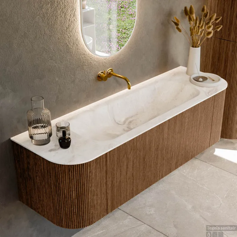 Mondiaz KURVE-DLUX 150 cm Onderkast Greeploos 1 Lade Met Deuren Walnut, Wastafel Solid Surface Midden Frappe 0 Kraangaten Zonder Spiegel (KRVBGM150L+R1L2D0KM-Wal/Fra) Nieuw