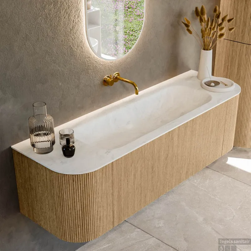 Populair Mondiaz KURVE-DLUX 150 cm Onderkast Greeploos 1 Lade Met Deuren Oak, Wastafel Solid Surface Midden Opalo 0 Kraangaten Zonder Spiegel (KRVBGM150L+R1L2D0KM-Oak/Opa)