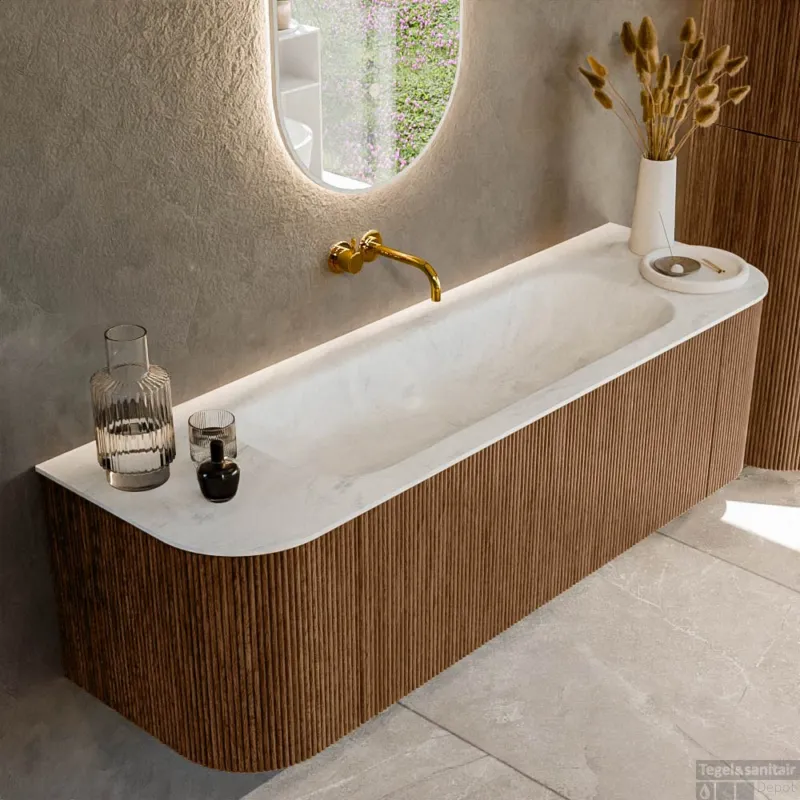 Nu Kopen Mondiaz KURVE-DLUX 150 cm Onderkast Greeploos 1 Lade Met Deuren Walnut, Wastafel Solid Surface Midden Opalo 0 Kraangaten Zonder Spiegel (KRVBGM150L+R1L2D0KM-Wal/Opa)
