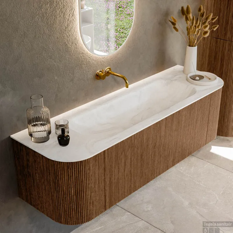 Mondiaz KURVE-DLUX 150 cm Onderkast Greeploos 1 Lade Met Deuren Walnut, Wastafel Solid Surface Midden Ostra 0 Kraangaten Zonder Spiegel (KRVBGM150L+R1L2D0KM-Wal/Ost) Nieuw