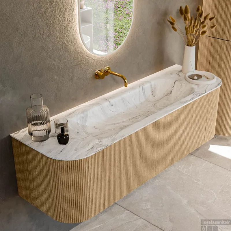 Beste Prijs Mondiaz KURVE-DLUX 150 cm Onderkast Greeploos 1 Lade Met Deuren Oak, Wastafel Solid Surface Midden Glace 0 Kraangaten Zonder Spiegel (KRVBGM150L+R1L2D0KM-Oak/Gla)