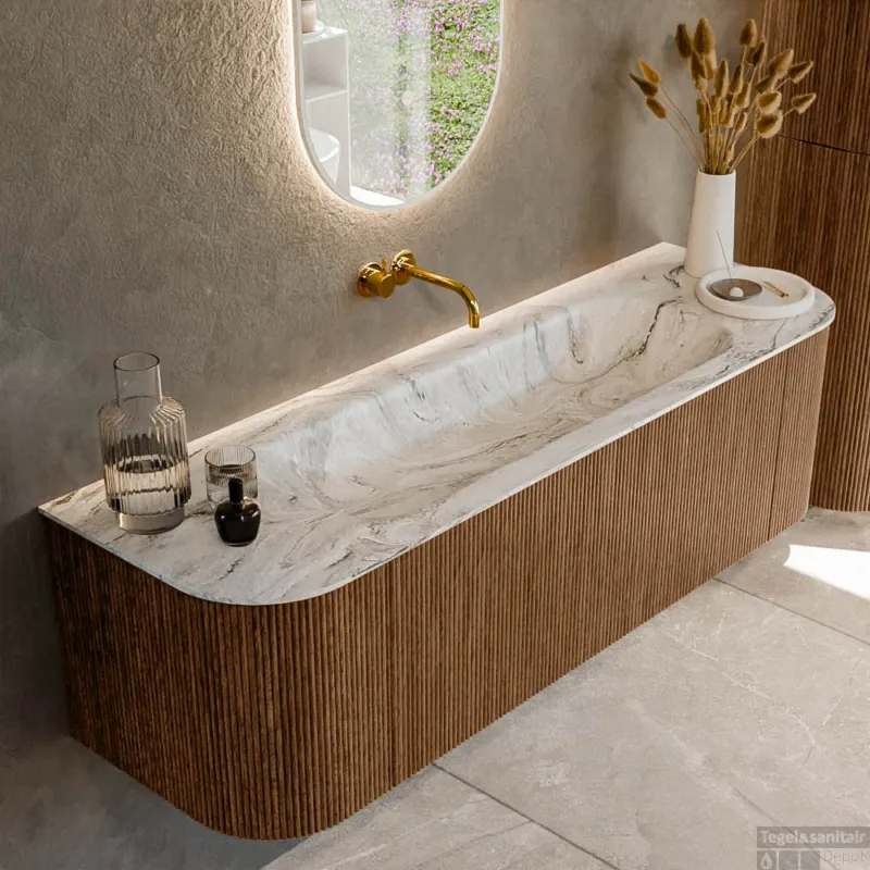 Mondiaz KURVE-DLUX 150 cm Onderkast Greeploos 1 Lade Met Deuren Walnut, Wastafel Solid Surface Midden Glace 0 Kraangaten Zonder Spiegel (KRVBGM150L+R1L2D0KM-Wal/Gla) Bestseller