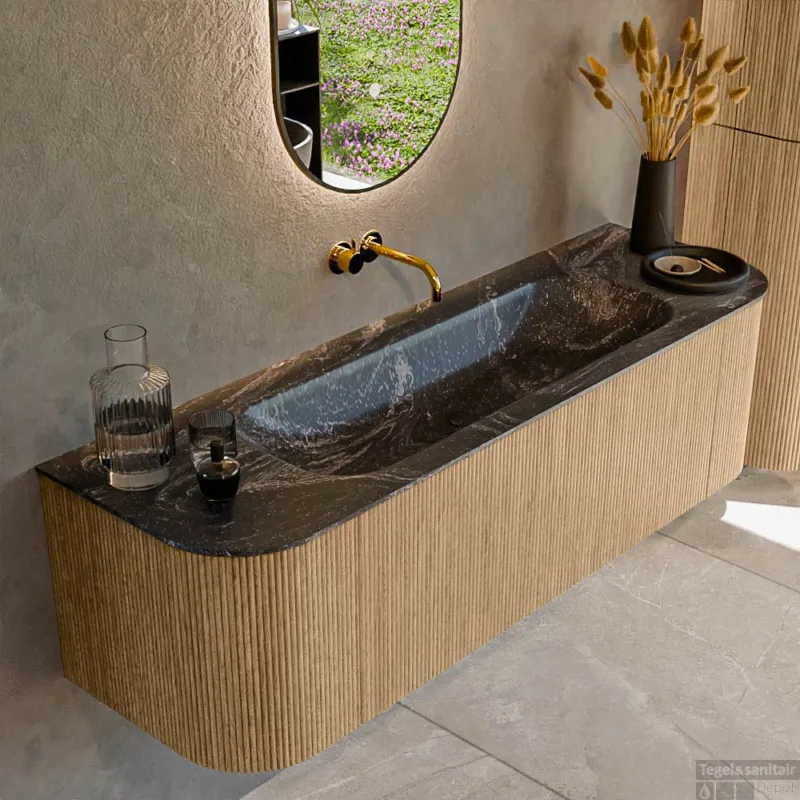 Speciale Aanbieding Mondiaz KURVE-DLUX 150 cm Onderkast Greeploos 1 Lade Met Deuren Oak, Wastafel Solid Surface Midden Lava 0 Kraangaten Zonder Spiegel (KRVBGM150L+R1L2D0KM-Oak/Lav)