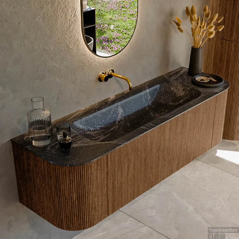 Mondiaz KURVE-DLUX 150 cm Onderkast Greeploos 1 Lade Met Deuren Walnut, Wastafel Solid Surface Midden Lava 0 Kraangaten Zonder Spiegel (KRVBGM150L+R1L2D0KM-Wal/Lav) Express Levering