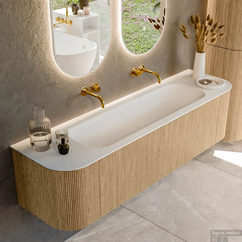 Mondiaz KURVE 170 cm Onderkast Greeploos 1 Lade Met Deuren Oak, Wastafel Solid Surface Midden Talc 0 Kraangaten Zonder Spiegel (KRVBGL170L+R1L2D0KM-Oak/Tal) Premium