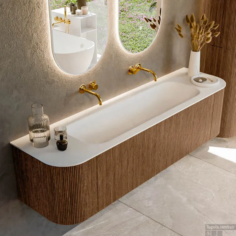 Mondiaz KURVE 170 cm Onderkast Greeploos 1 Lade Met Deuren Walnut, Wastafel Solid Surface Midden Talc 0 Kraangaten Zonder Spiegel (KRVBGL170L+R1L2D0KM-Wal/Tal) Express Levering
