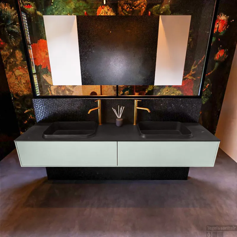 Aanbieding Badkamermeubelset Mondiaz Erin 200 cm met 2 Lades met RIDGE Wastafel Dubbel Urban met 2 kraangaten Greeploos Mat Greey