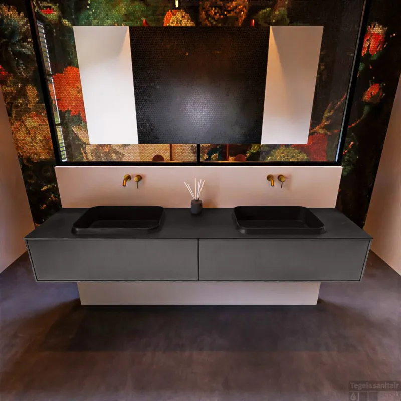Badkamermeubelset Mondiaz Erin 200 cm met 2 Lades met RIDGE Wastafel Dubbel Urban Zonder Kraangaten Greeploos Mat Dark Grey Tijdelijk Beschikbaar