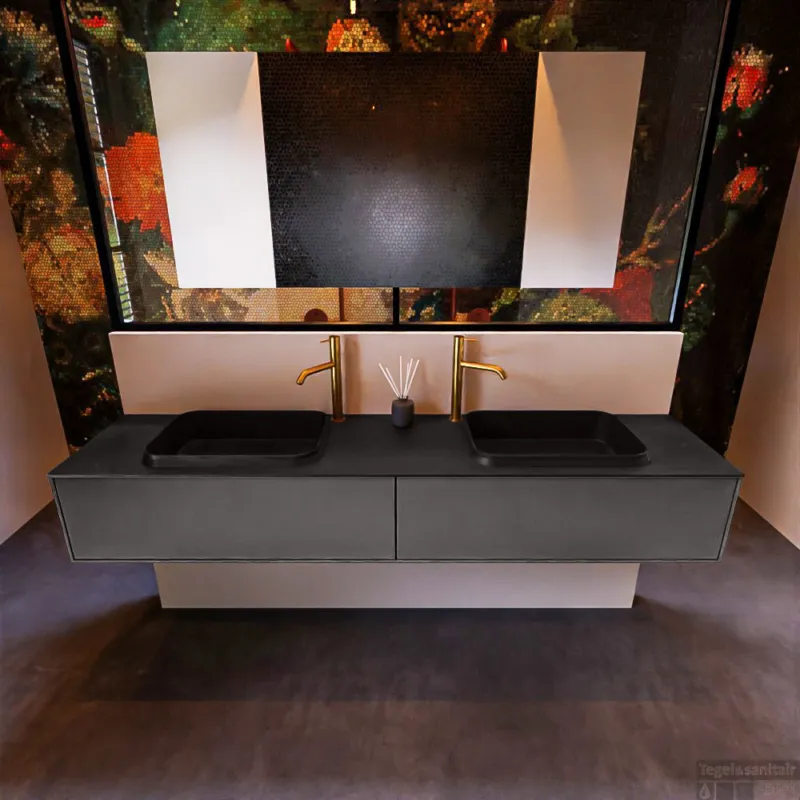 Badkamermeubelset Mondiaz Erin 200 cm met 2 Lades met RIDGE Wastafel Dubbel Urban met 2 kraangaten Greeploos Mat Dark Grey Koop Vandaag