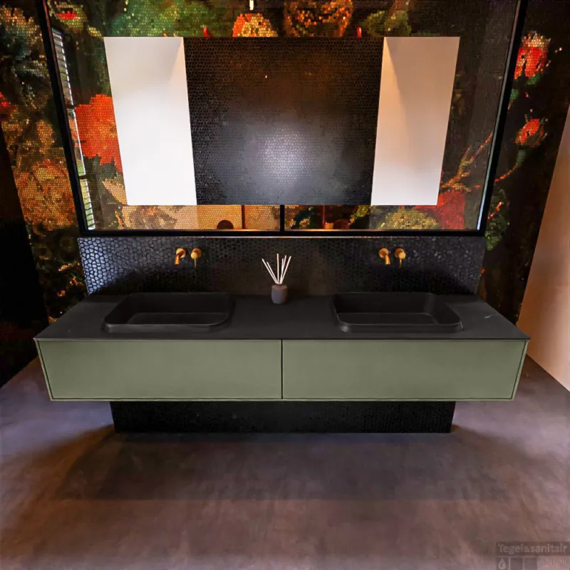 Aanbieding Badkamermeubelset Mondiaz Erin 200 cm met 2 Lades met RIDGE Wastafel Dubbel Urban Zonder Kraangaten Greeploos Mat Army