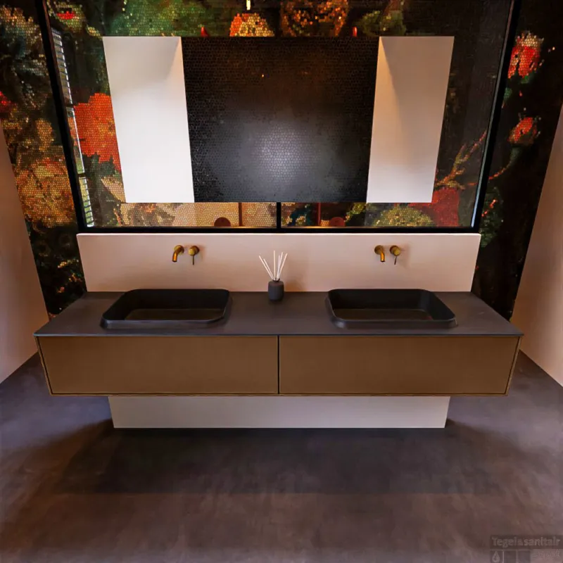 Badkamermeubelset Mondiaz Erin 200 cm met 2 Lades met RIDGE Wastafel Dubbel Urban Zonder Kraangaten Greeploos Mat Rust Bestseller