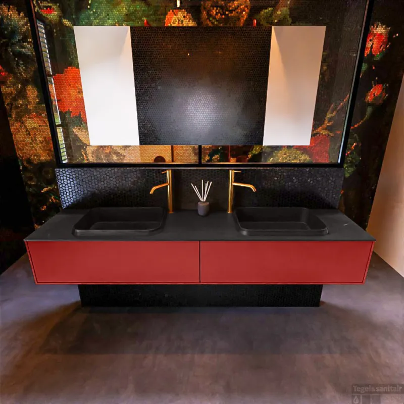 Shop Nu Badkamermeubelset Mondiaz Erin 200 cm met 2 Lades met RIDGE Wastafel Dubbel Urban met 2 kraangaten Greeploos Mat Fire