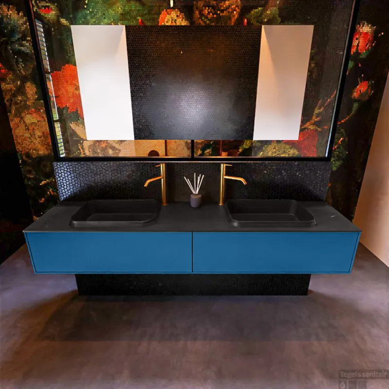 Badkamermeubelset Mondiaz Erin 200 cm met 2 Lades met RIDGE Wastafel Dubbel Urban met 2 kraangaten Greeploos Mat Jeans Populair