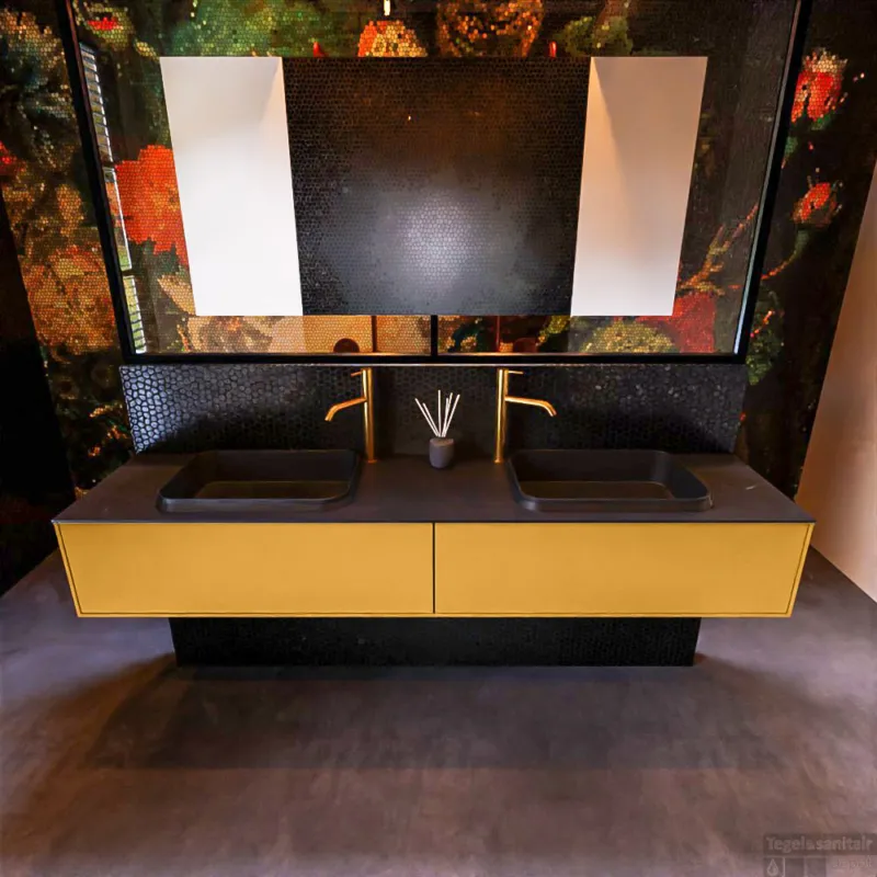 Exclusieve Aanbieding Badkamermeubelset Mondiaz Erin 200 cm met 2 Lades met RIDGE Wastafel Dubbel Urban met 2 kraangaten Greeploos Mat Ocher