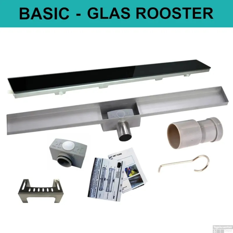 Koopje RVS Douchegoot BASIC met uitneembaar sifon GLAS ROOSTER (alle maten)