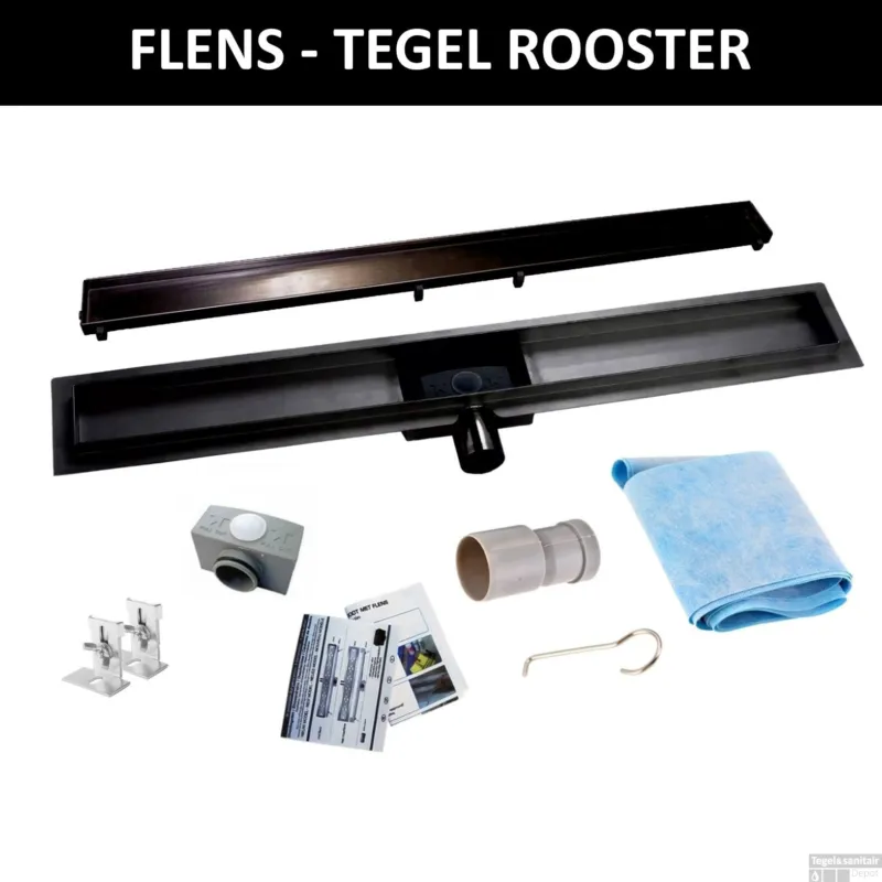 Veilige Betaling RVS Douchegoot Flens met Uitneembaar Sifon TEGEL ROOSTER MAT ZWART (alle maten)