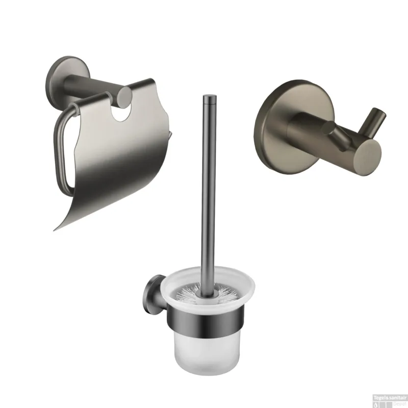 Aanbieding Accessoires Set BWS Colorato Met Borstel, Haak en Toiletrolhouder Gunmetal