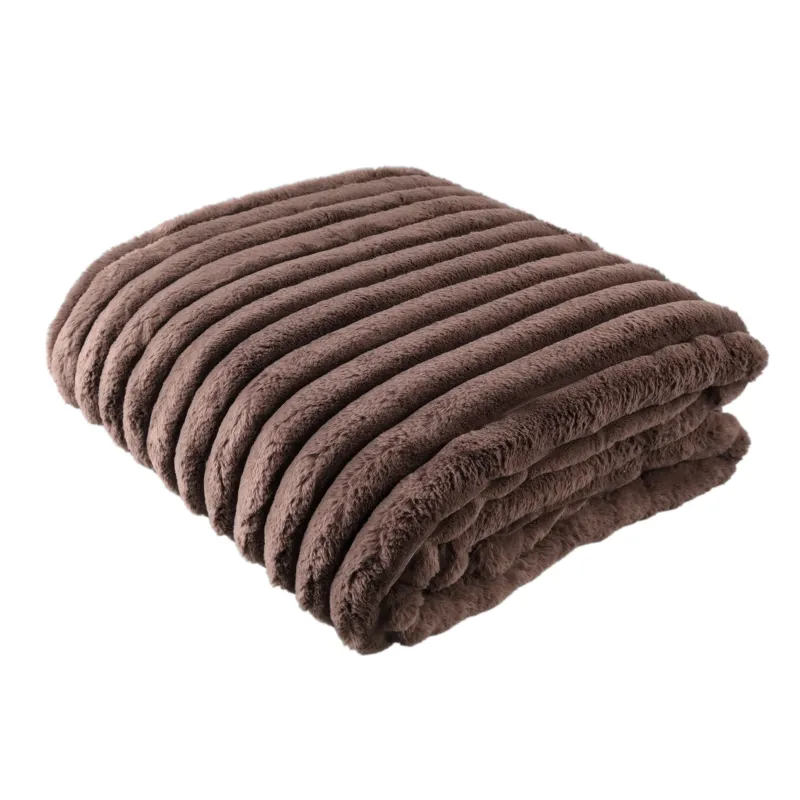 Hadi Brown Ribbed Fake Fur Plaid Large Nieuw