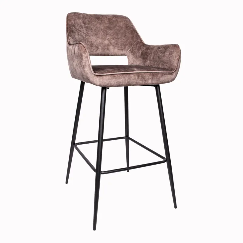Fallon Velvet Brown Bar Stool Black Metal Leg KD (set of 2) Gratis Retour