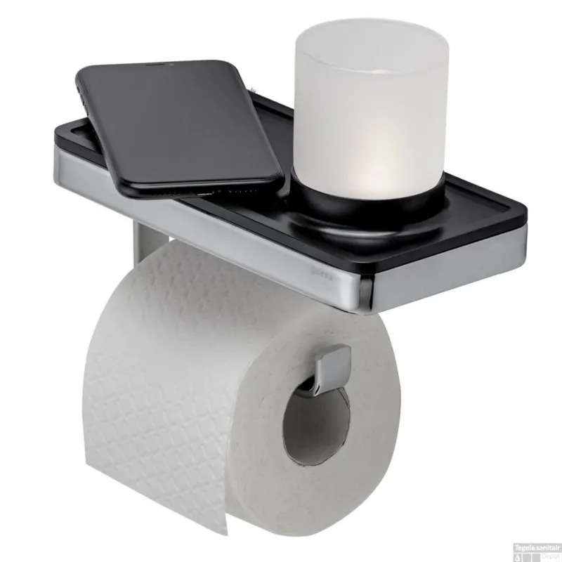 Lage Prijs Planchet met Toiletrolhouder en Houder LED Licht Geesa Frame Zwart Chroom
