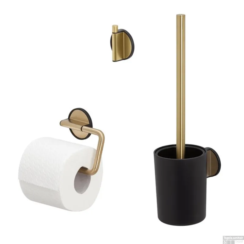 Favoriet Toiletaccessoiresset Tiger Tune Met Toiletborstel, Toiletrolhouder en Handdoekhaak Geborsteld Messing - Zwart