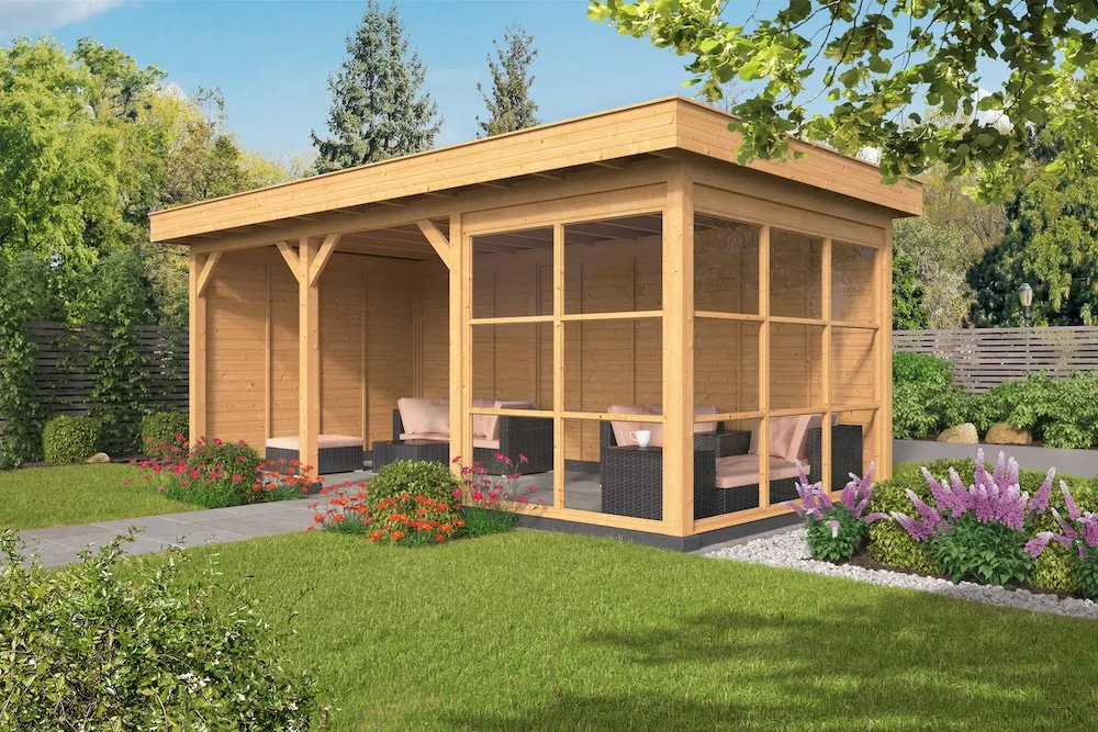 Lage Prijs Overkapping plat dak Oslo LG Type 6 Douglas Geschaafd 690x380x272cm - Blanke Wanden en Vaste Glaswanden