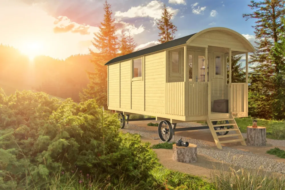 Beperkt Aanbod Houten Pipowagen Kathy 500x240x325cm met veranda en trap Wanddikte 19 mm