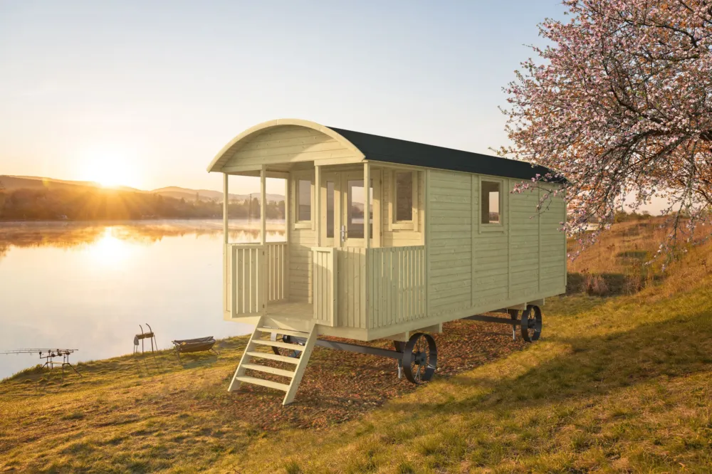 Houten Pipowagen 600x237x326cm Pipowagen met veranda Wanddikte 19 mm Actieprijs