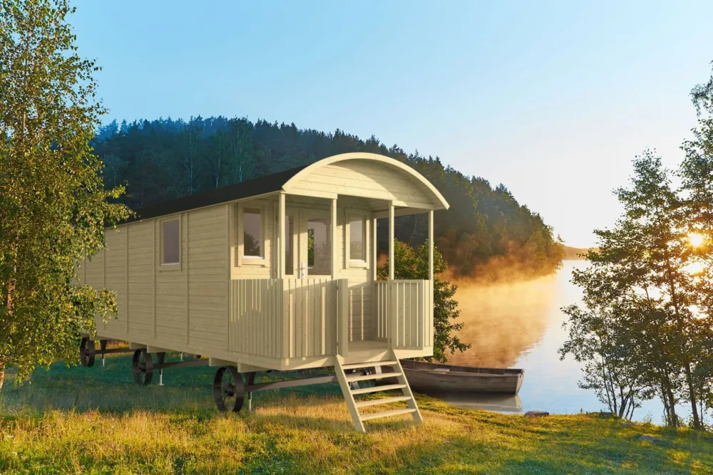 Tijdelijk Beschikbaar Houten Pipowagen Jimmy 240x840x325cm met veranda en trap Wanddikte 19 mm