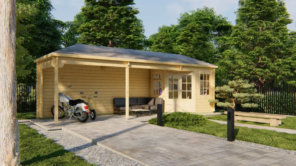 Uitverkoop Blokhut Gretel 250 + 540x250cm met royale overkapping Wanddikte 44 mm