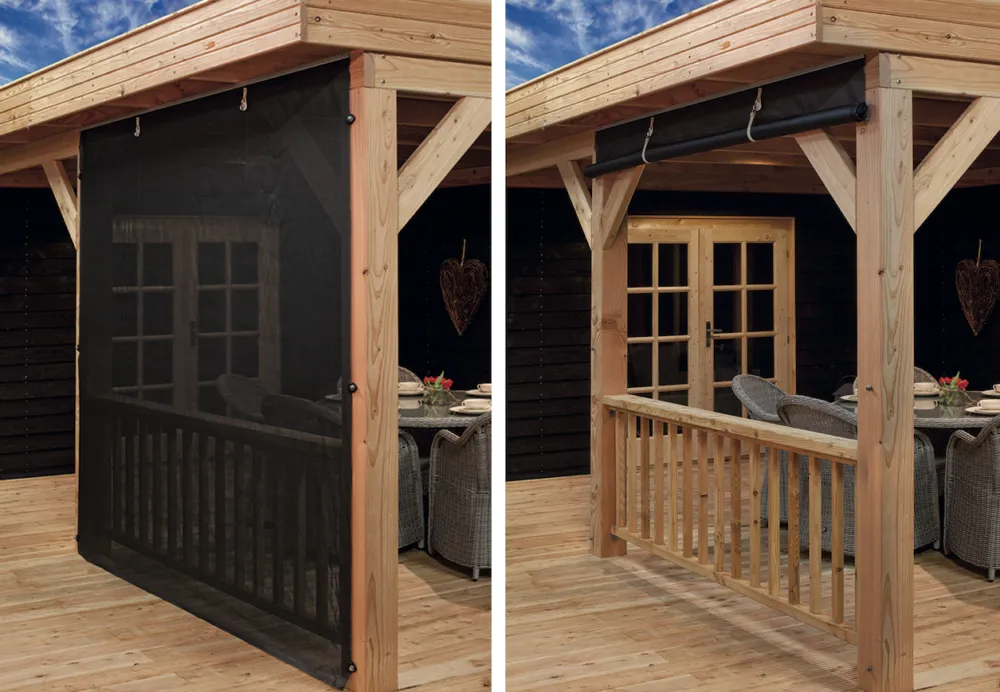 Nu Kopen Wanddoek Terras Oprolbaar 300 x 244 cm Zwart - Inclusief Rails en Gespen