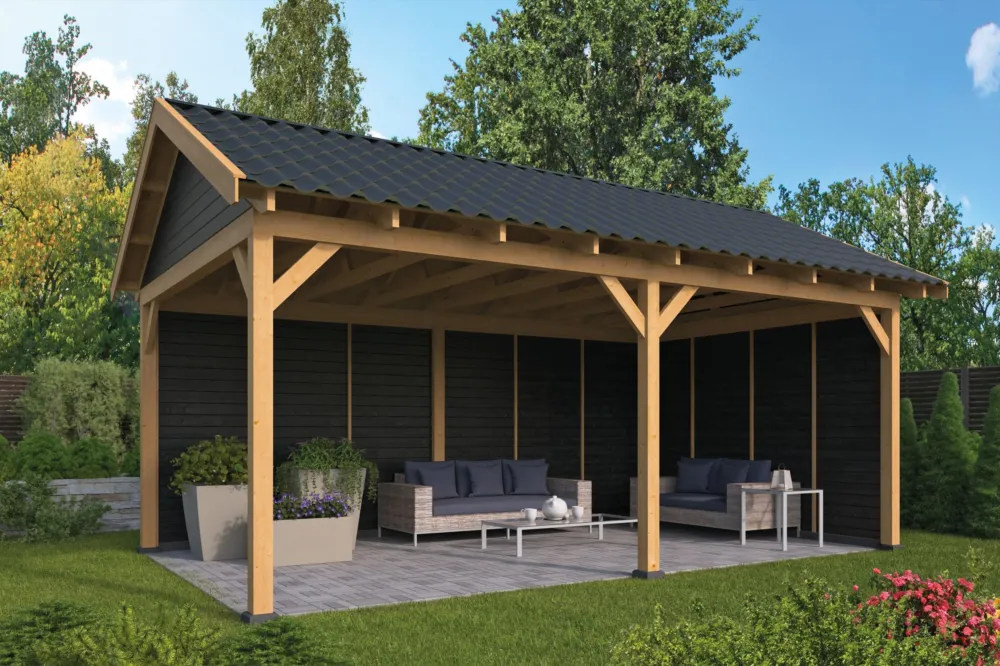 Overkapping Zadeldak Hamar L type 2 Douglas Geschaafd 478x395x348cm - Blanke wanden Premium