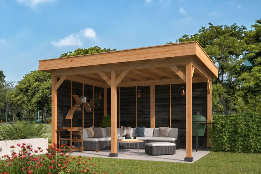 Superprijs Overkapping plat dak Oslo L Type 2 Douglas Geschaafd 478x380x272cm - Zwarte Wanden