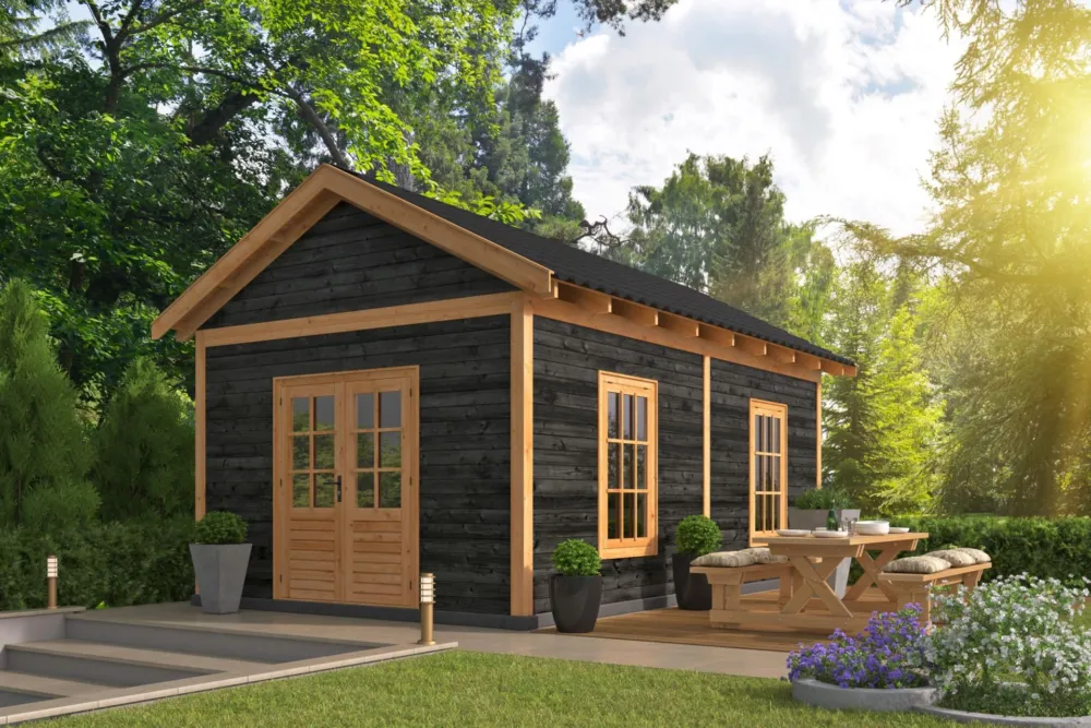 Voordeelprijs Tuinhuis zadeldak Hamar XL type 4 Douglas Geschaafd 678x445x360cm - Zwarte Wanden