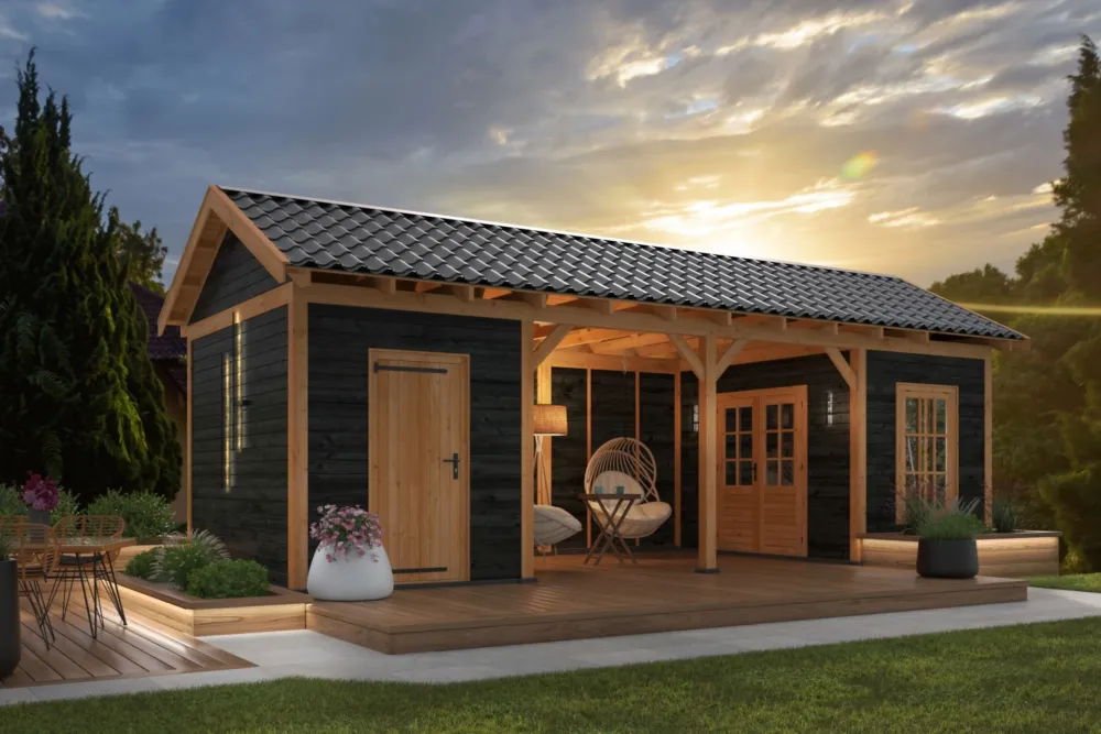 Overkapping Zadeldak Hamar L type 12 Douglas Geschaafd 903x395x348cm - Zwarte Wanden Exclusieve Aanbieding