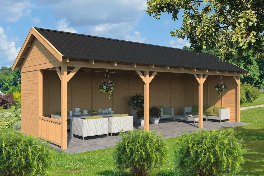 Weekendaanbieding Overkapping Zadeldak Hamar XL type 6 Douglas Geschaafd 990x445x360cm blanke wanden