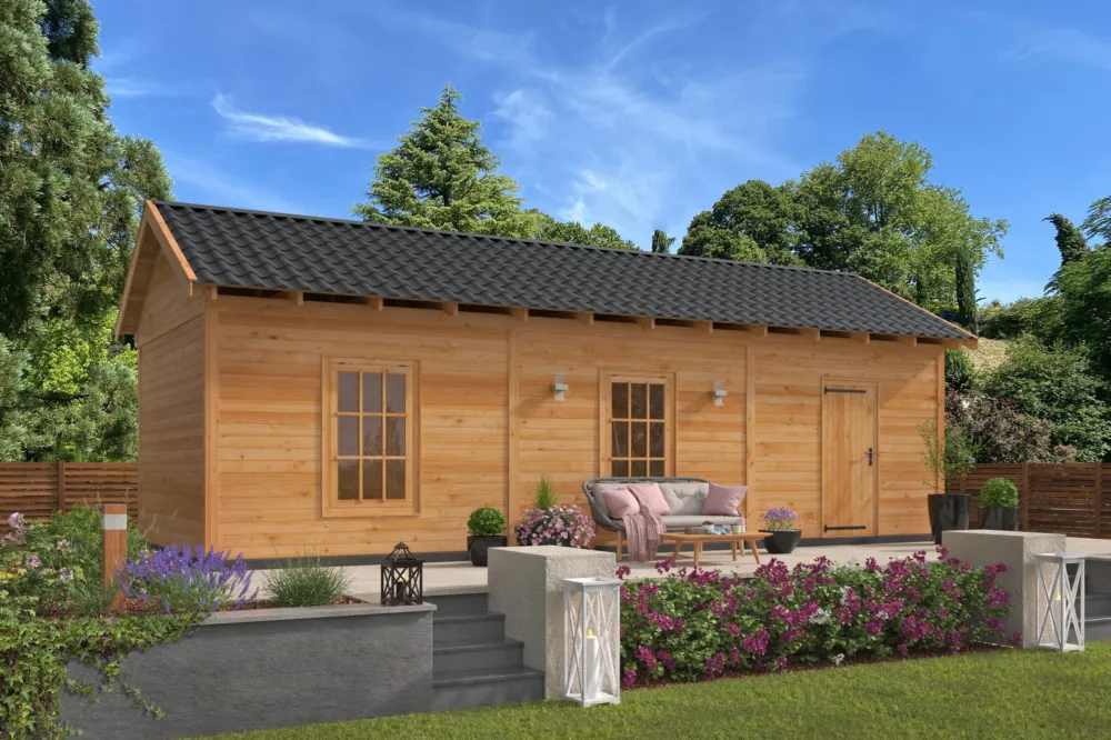 Tijdelijk Beschikbaar Overkapping Zadeldak Hamar XL type 8 Douglas Geschaafd 990x445x360cm blanke wand