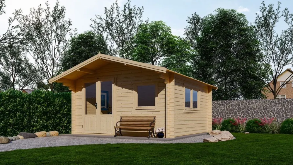 Beperkte Voorraad Blokhut 4x4 Interflex 440x440x265cm + Luifel 90 cm Wanddikte 50mm