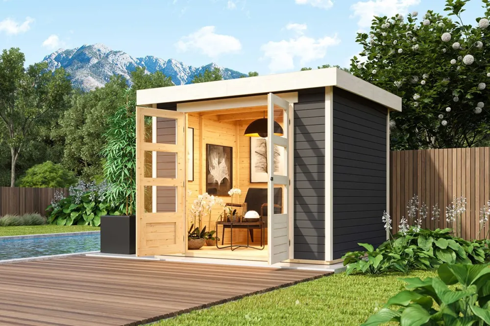 Nu Kopen Tuinhuis Askola 3.5 Terragrijs Karibu 266x262x211cm Wanddikte 19mm
