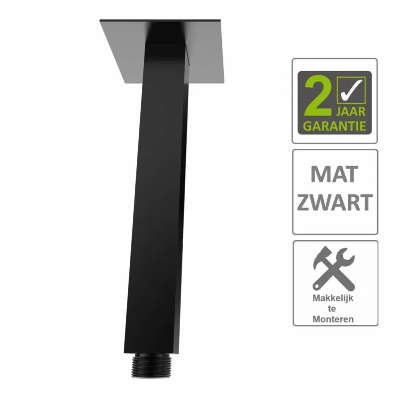AQS Douchearm Luxe Vierkant Plafondbevestiging 20cm Mat Zwart Gereduceerde Prijs