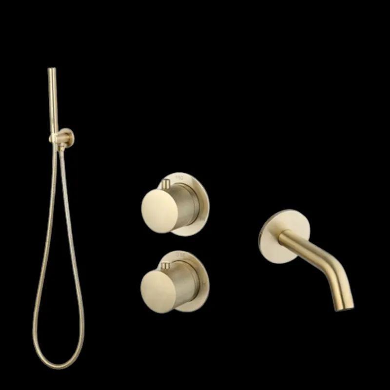 Speciale Aanbieding Badset Inbouw Sanilux Hops Met Box Thermostaat Muurbevestiging Met Geribbeld Knop Goud Geborsteld