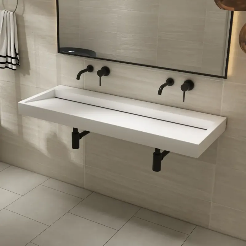 Rechtstreeks Van De Fabrikant SCHADEMODEL Saniclear Hoya solid surface wastafel 120x45,5cm zonder kraangat mat wit