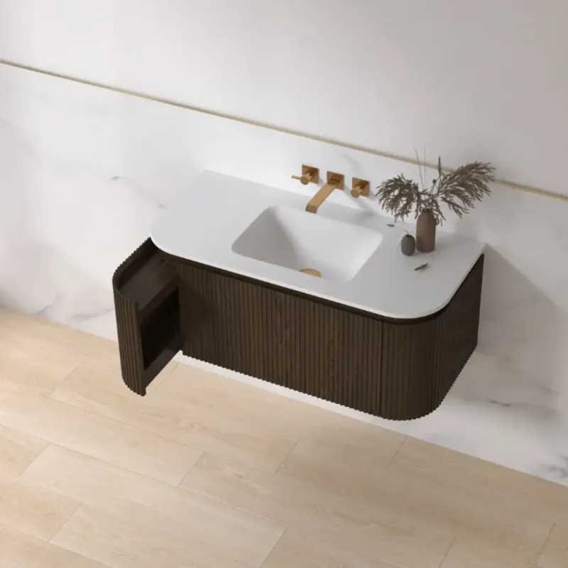 Voordeelprijs Lambini Designs Eleganza rond badmeubel 100cm dark walnut met ribbelfront en keramiek wastafel zonder kraangat