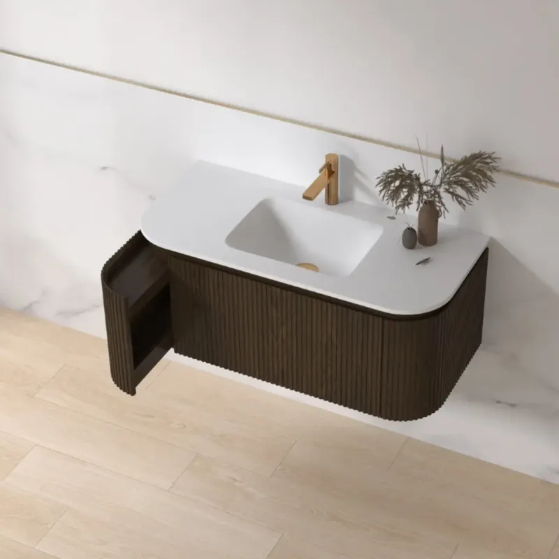 Beperkt Aanbod Lambini Designs Eleganza rond badmeubel 100cm dark walnut met ribbelfront en keramiek wastafel met kraangat