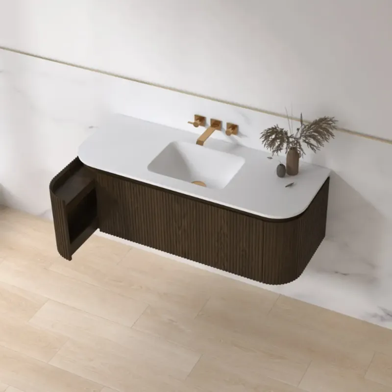 Premium Lambini Designs Eleganza rond badmeubel 120cm dark walnut met ribbelfront en keramiek wastafel zonder kraangat