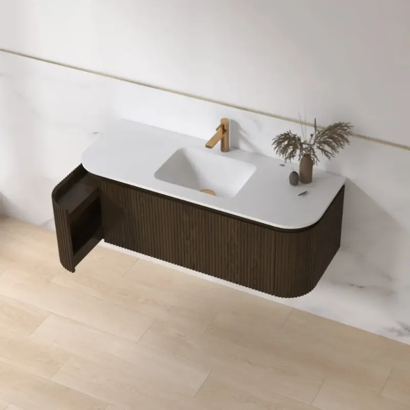 Lambini Designs Eleganza rond badmeubel 120cm dark walnut met ribbelfront en keramiek wastafel met kraangat Flitsaanbieding