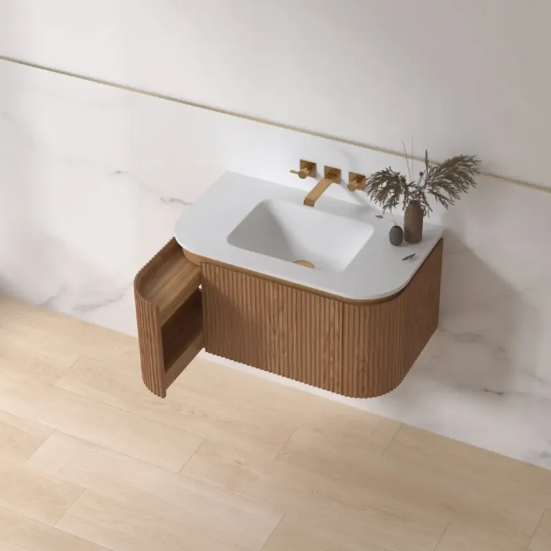 Lambini Designs Eleganza rond badmeubel 80cm acacia met ribbelfront en keramiek wastafel zonder kraangat Laatste Kans